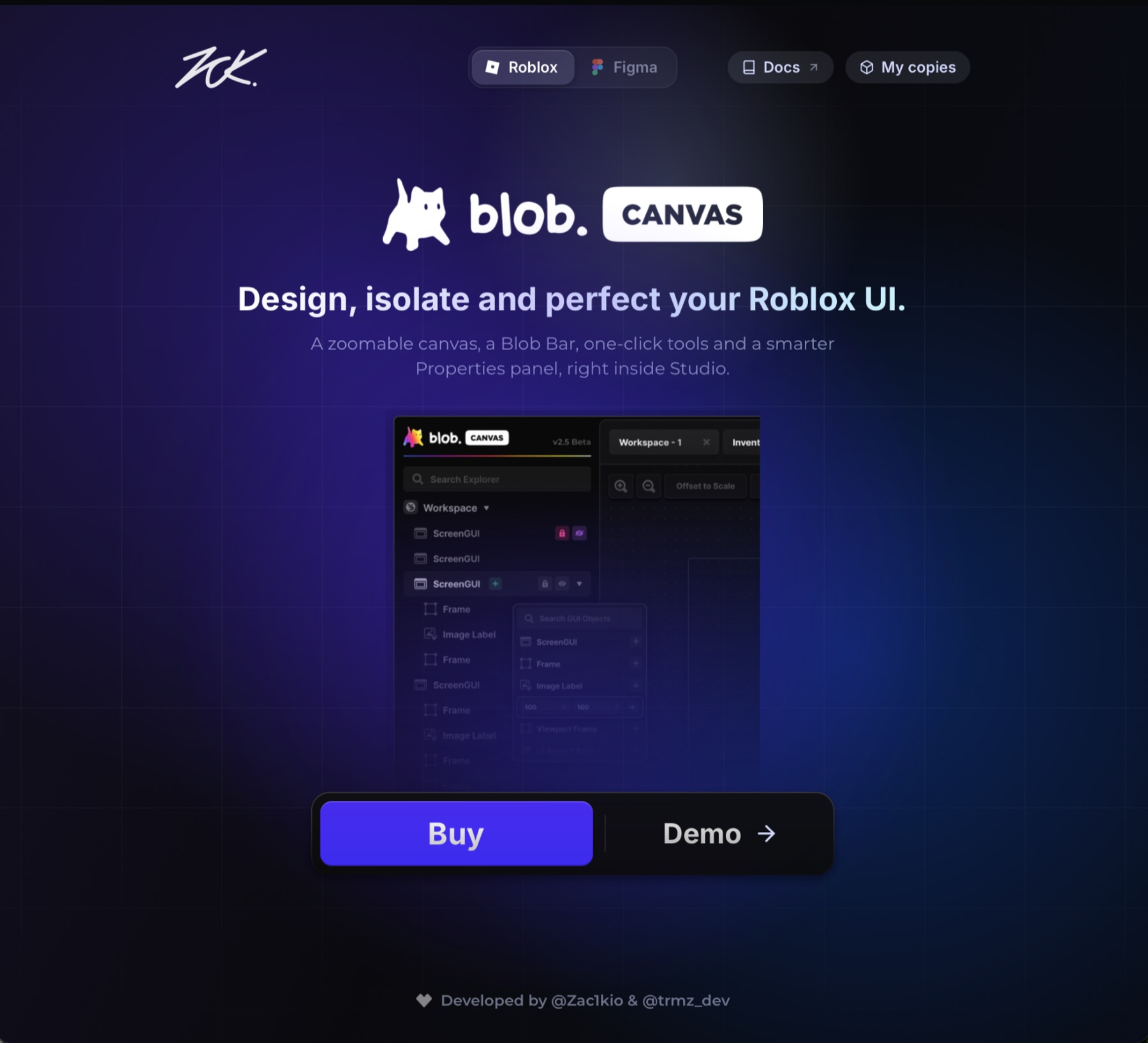 Blob Canvas landing page: logo, tagline, plugin preview and Buy / Demo buttons