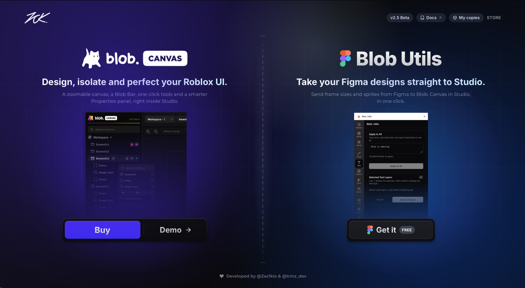 Blob store page with Blob Canvas and the Blob Utils Figma plugin side by side