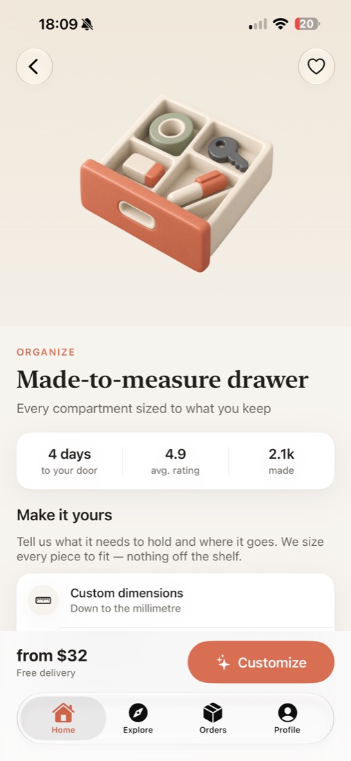 Forma product page for a made-to-measure drawer