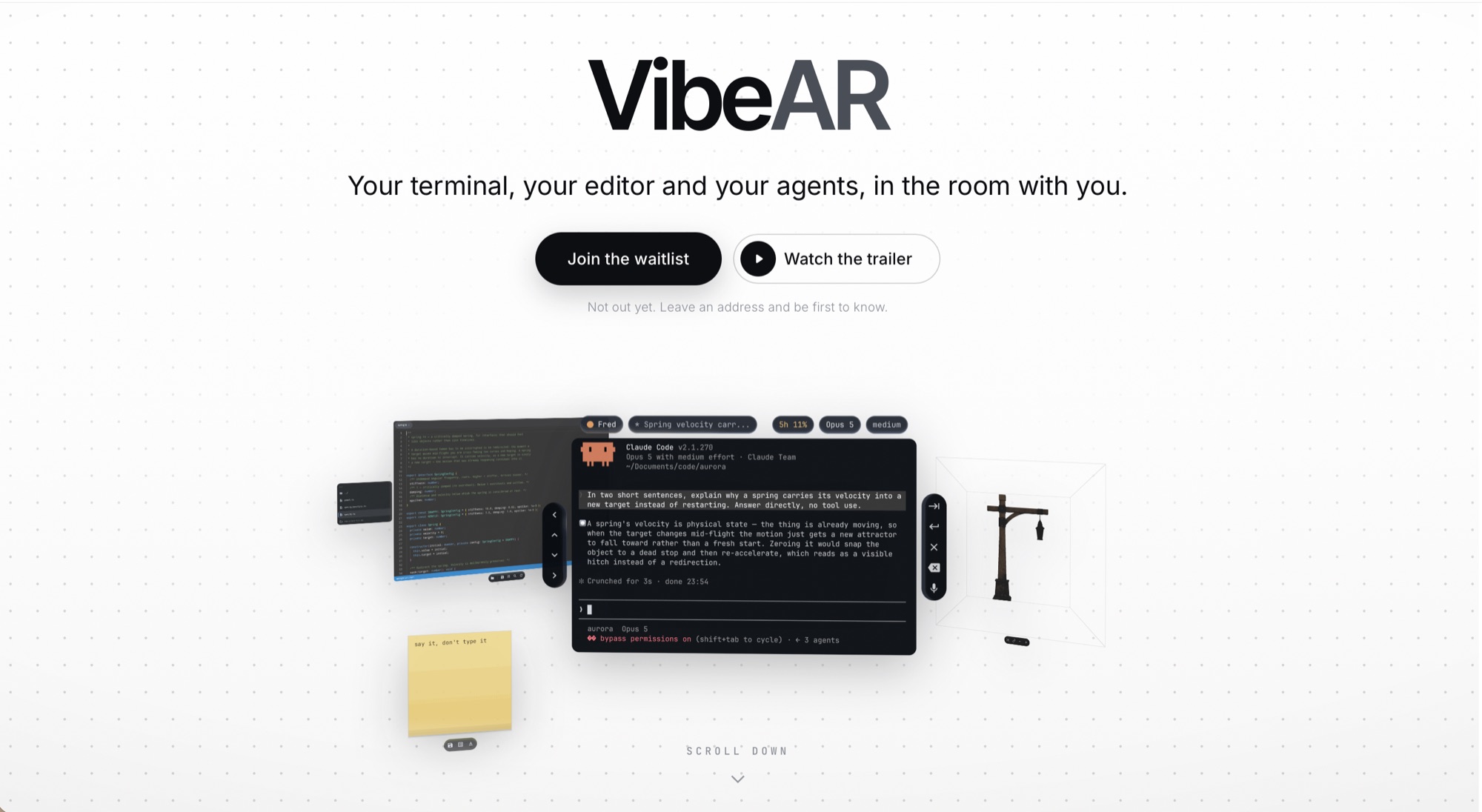 VibeAR landing page: terminal, editor and agents floating in a room